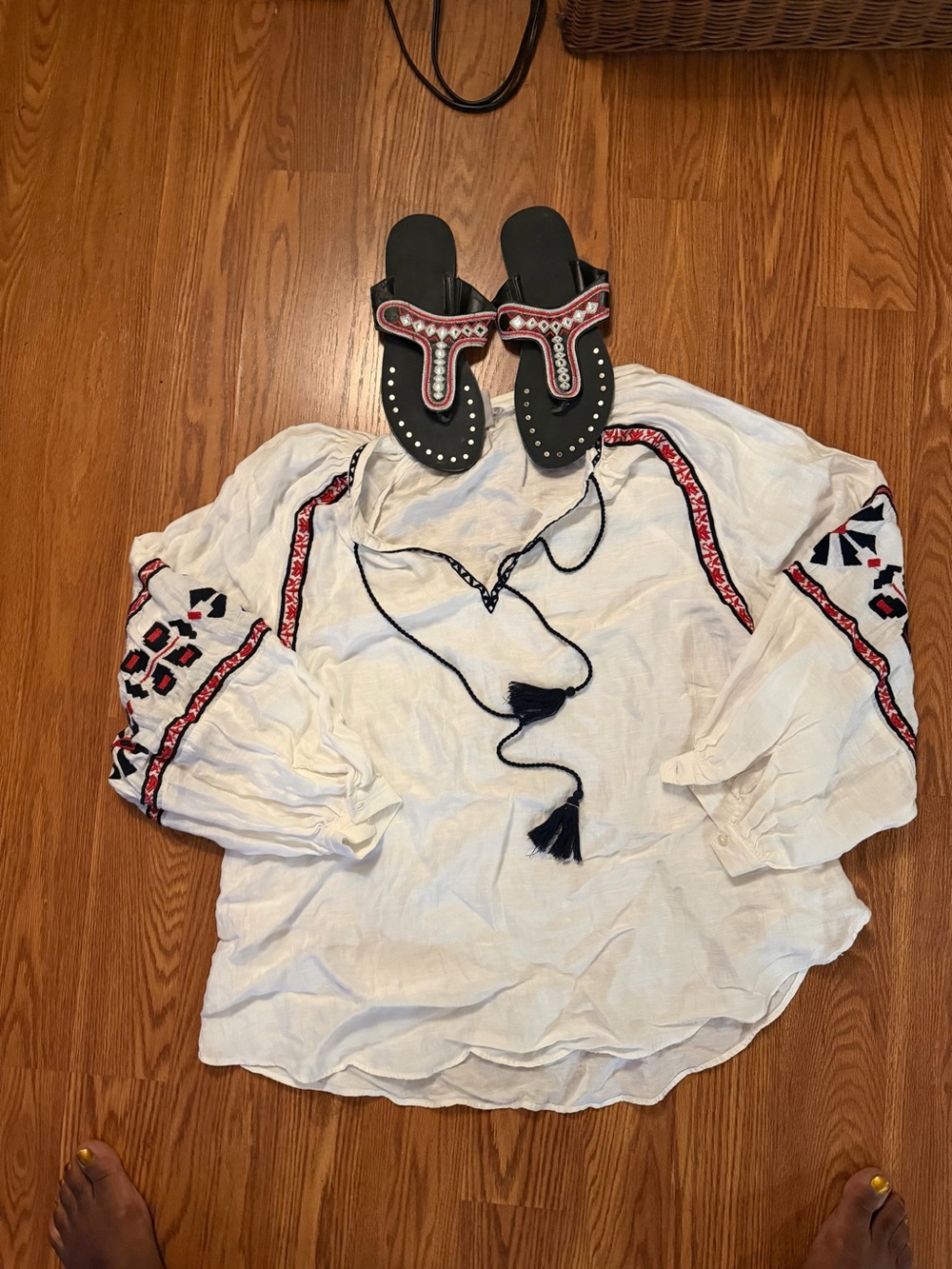 H&M White Peasant Blouse with Red & Navy Embroidery